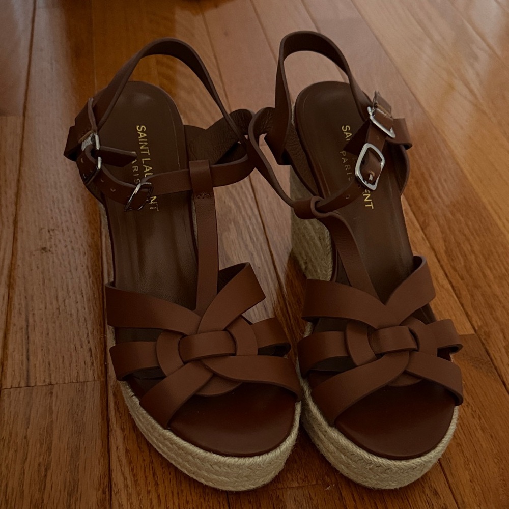 Saint Laurent Brown Leather Knot Espadrille Wedges